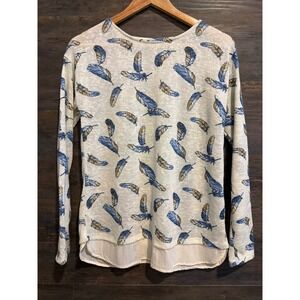 Springfield Women Blue Feather Print Layered Hem Long Sleeve Top Size M